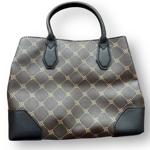 Nine West Brooklyn Jet Set Satchel Brown Black Logo Polyurethane Bag Purse Tote - Picture 2 of 9